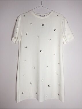 Zara Ivory White Embellished Short Sleeve Dress